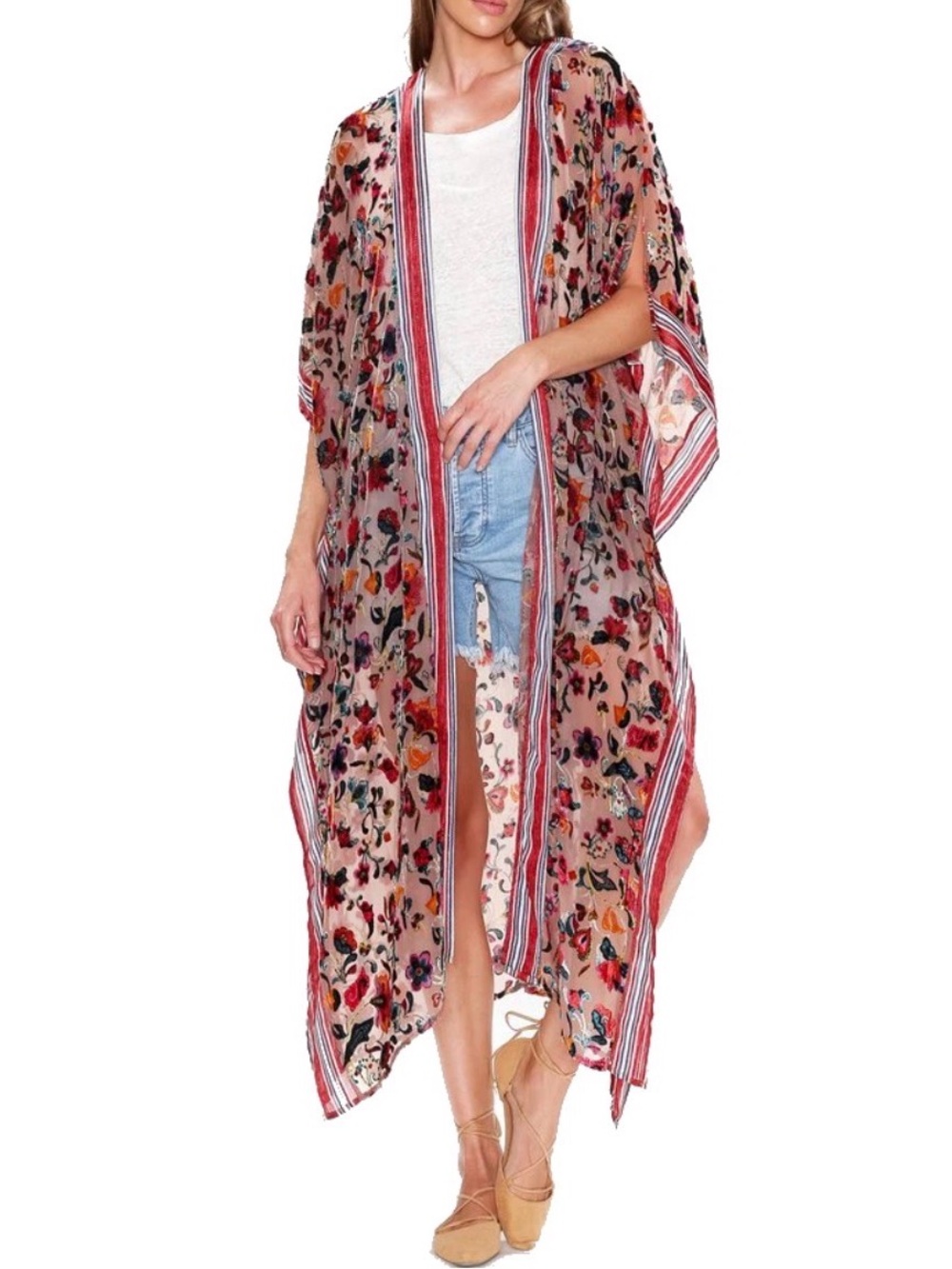 Aratta One Size Sheer Floral Velvet Burnout Kimono in Blush and Multicolor